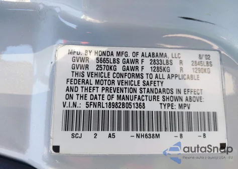 2002 Honda Odyssey Ex-L from USA, damaged, VIN 5FNRL18982B051368